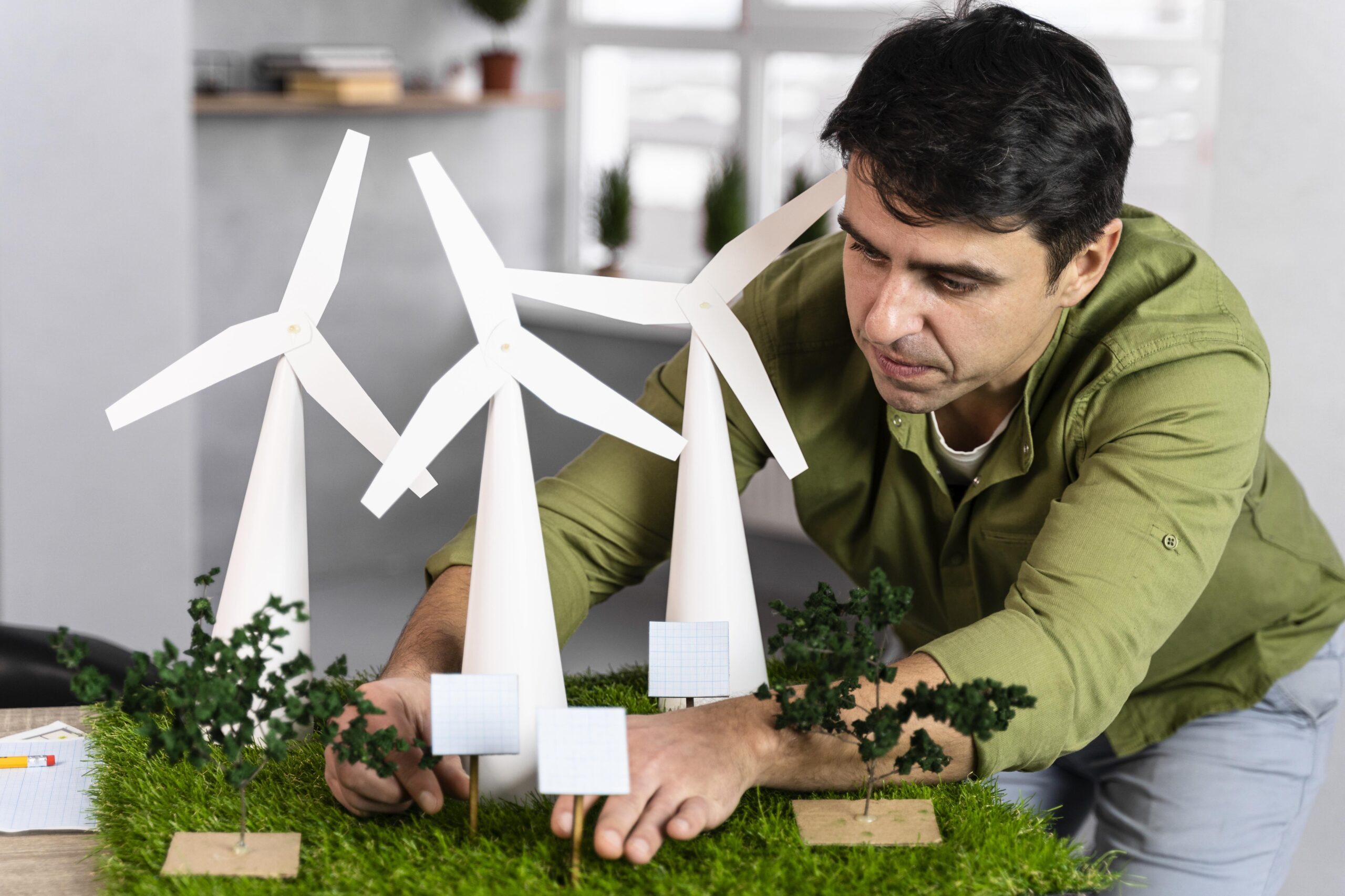 Home Front View Man Working Eco Friendly Wind Power Project With Wind Turbines Scaled
